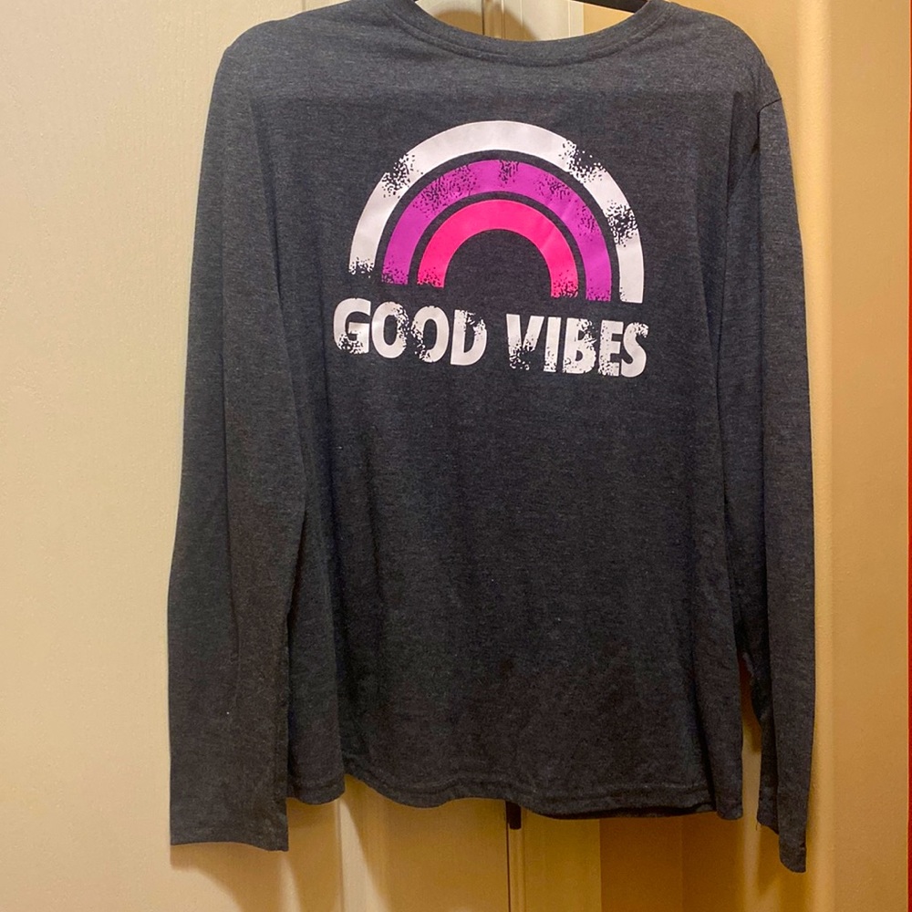 Gray with White purple and pink rainbow good vibes shirt